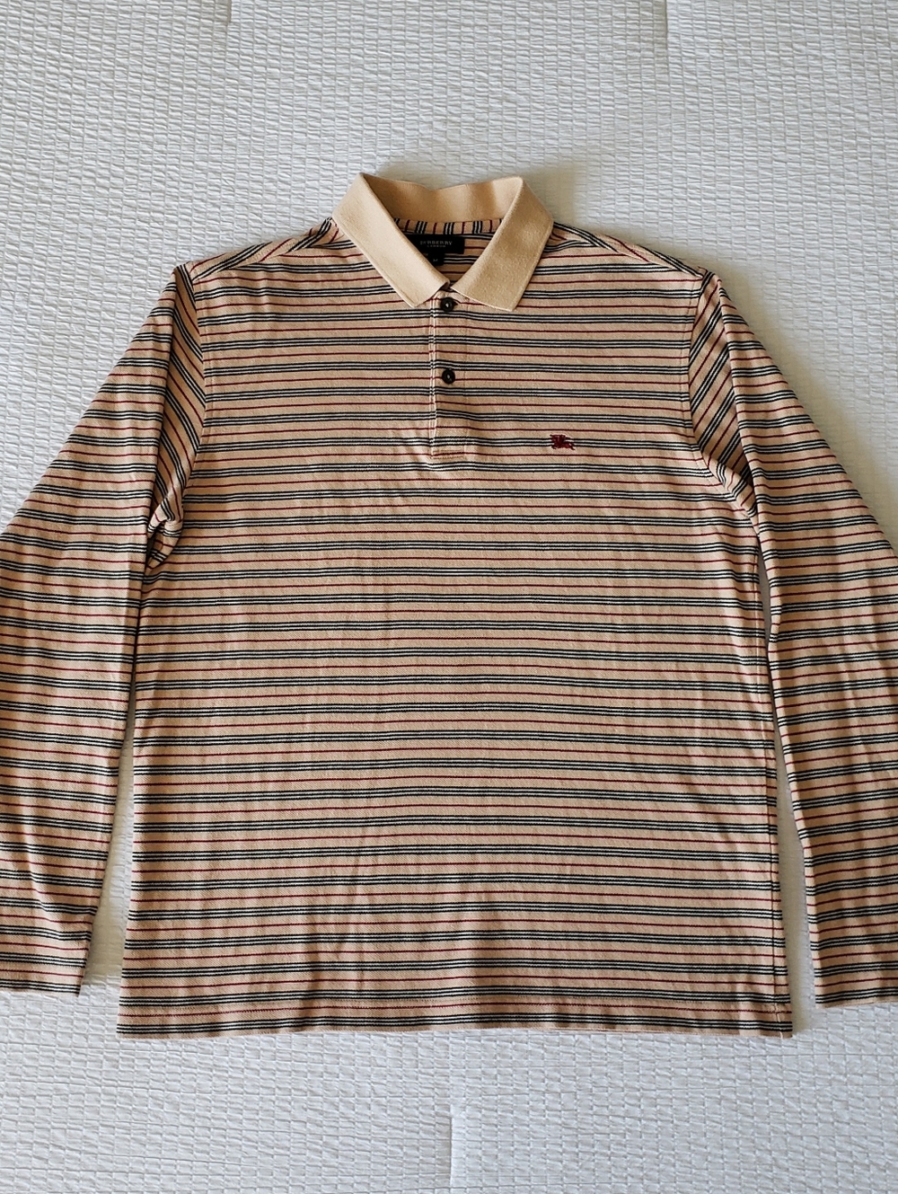 BURBERRY London Men's Long-Sleeved Striped Polo Shirt (M) Peach/Red